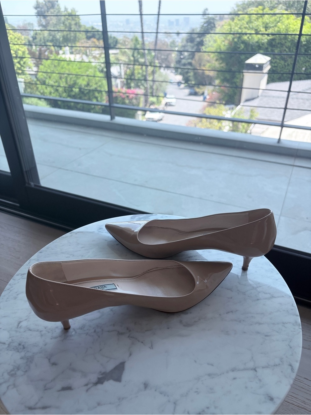 Prada Nude Patent Leather Pointed Toe Kitten Heel Pumps Size 38